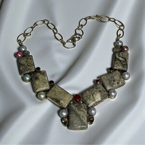 Dendritic Jasper, Smokey Quartz and more Necklace with Rustic Patina